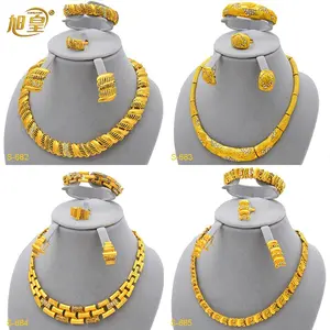 XUHUANG African 24K Gold Color Chain Necklace Sets For Women Arab Necklace Earrings Ring Bracelet Set Indian Wedding Party Gifts