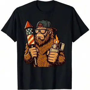 180gHot Sold Patriotic Bigfoot Lighting Firework Funny USA 4th Of July T-Shirt