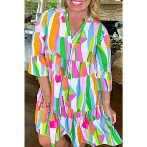 Multicolour Plus Size Vibrant Abstract Print Tiered Ruffled Mini Dress
