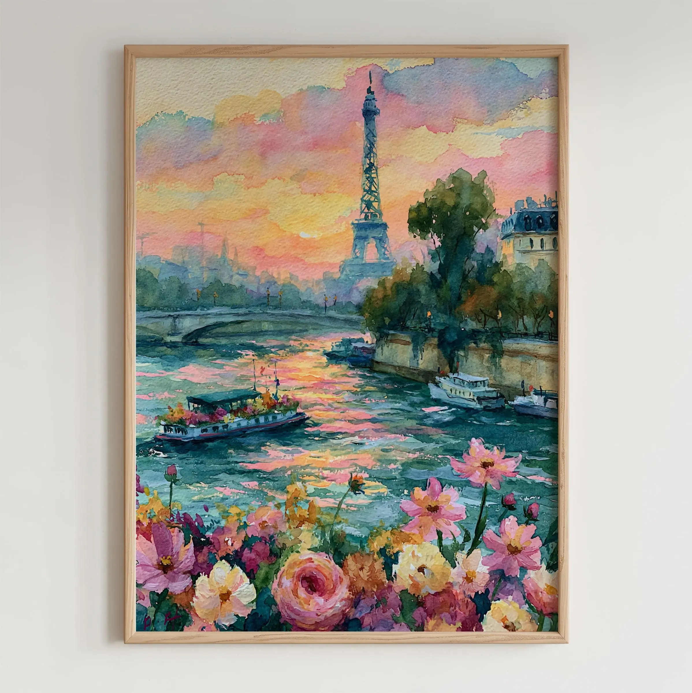 [SALE UP TO 40%] [Unframed] Romantic Paris Sunset Floral Watercolor Poster Eiffel Tower Seine