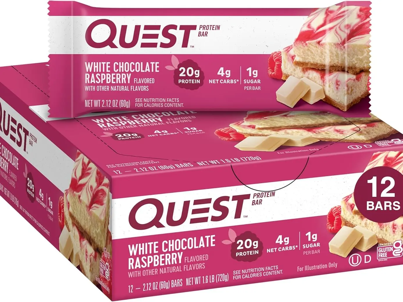 Quest Nutrition White Chocolate Raspberry Protein Bars, 20g Protein, 1g Sugar, 5g Net Carb, Gluten Free, Keto Friendly, 12 Count