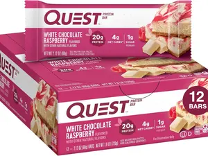 Quest Nutrition White Chocolate Raspberry Protein Bars, 20g Protein, 1g Sugar, 5g Net Carb, Gluten Free, Keto Friendly, 12 Count