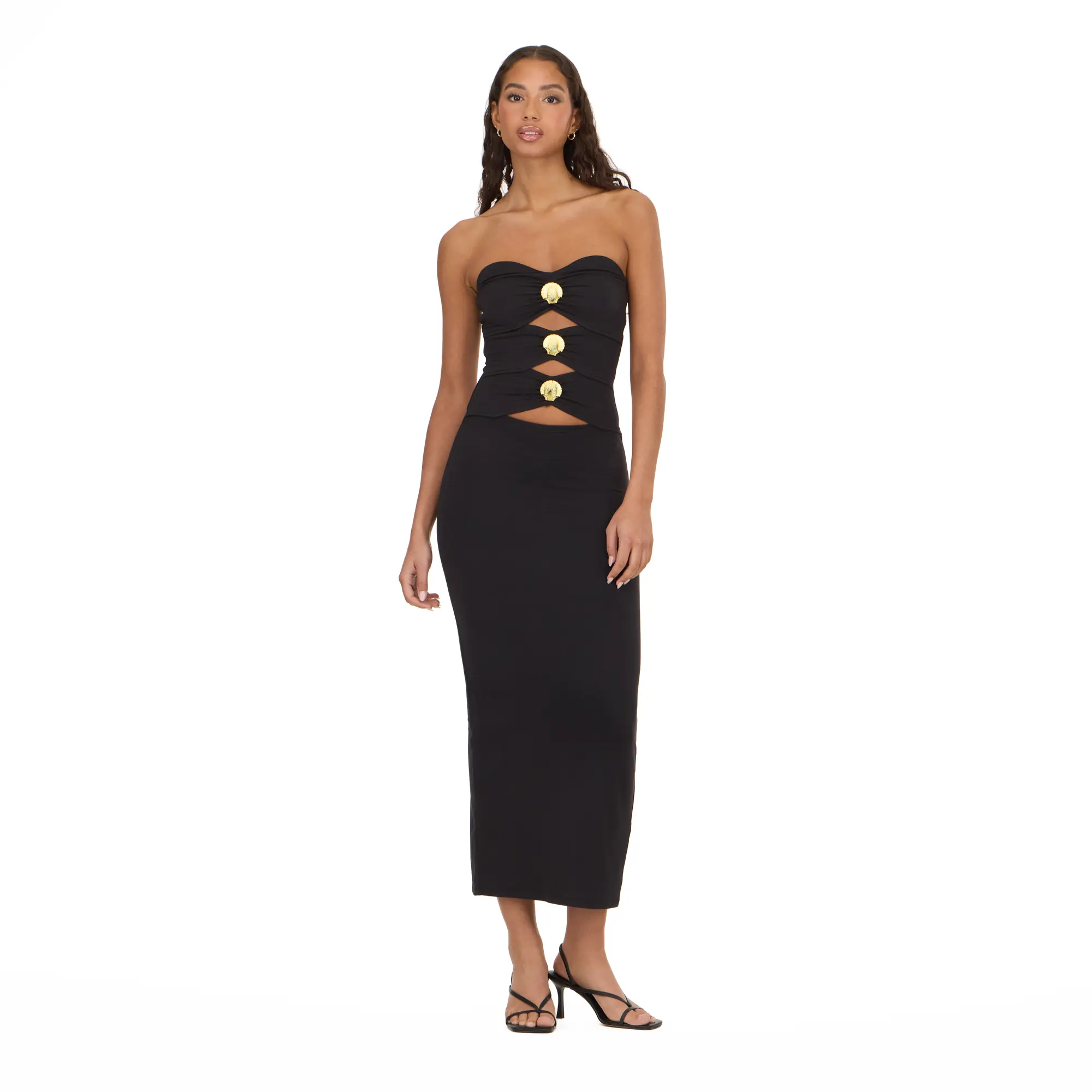 Forever 21 Women's Strapless Fitted Bandage Maxi Gown - Statement Metallic Seashell Hardware, Cutout Accents, Strappy Detail, Floor-Length, Sleeveless - Outfit of the Night for Bachelorette Party, Bridal Shower, Style, Bandage Dress