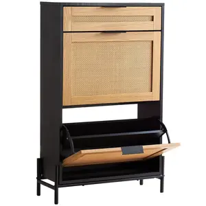 VEVOR Rattan Shoe Cabinet,  , Narrow Shoe Storage Organizer with 2 Flip Rattan Drawers & 1 Slide Drawer, Metal Legs, Slim Shoe Entryway Cabinet Ideal for Entryway, Closet, Hallway, Black