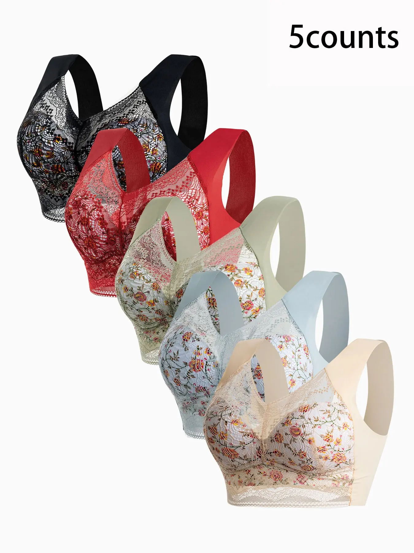 Women's Floral Lace Wireless Bra Set, Comfortable All-Day Wear, Fashion Full Support, Slim-Fitting Unlined Bras, Ideal Innerwear, Comfy Bras