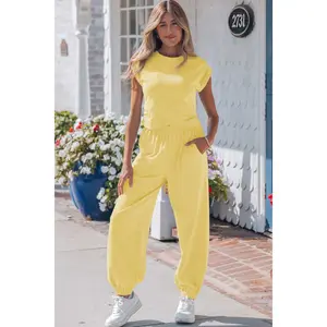 Yellow Cream Solid Color Cropped Tank Top and Jogger Pants Set