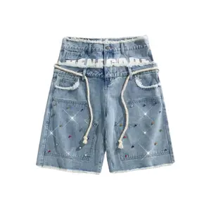 Street Life Spring/Summer Casual Graphic Men'S Loose Fit Double Layer Waist Diamond Embellished Denim Shorts Fabric Menswear Blue Hem Jeans Set Viscose Unisex Cotton Streetwear Trouser Pants Motocross Streetwear Trouser Pocket Motocross Pants