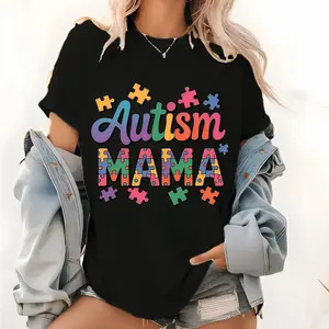 Autism Mama T Shirt, Colorful Puzzle Pieces Design For Autism Awareness Mothers Day Gift Women Casual Wear Top,Comfortable & Breathable Material,Everyday Outfit,Machine Washable Casual Top