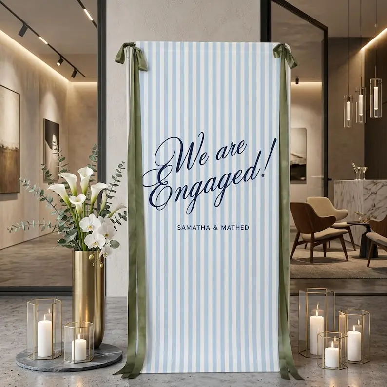 Personalized Engagement Party Banner, Blue Striped Welcome Sign, Custom We Are Engaged Backdrop for Cocktail Table Decor