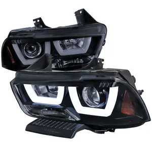 2011-2014 Dodge Charger Dual LED U-Bar Projector Headlights (Glossy Black Housing/Smoked Lens)