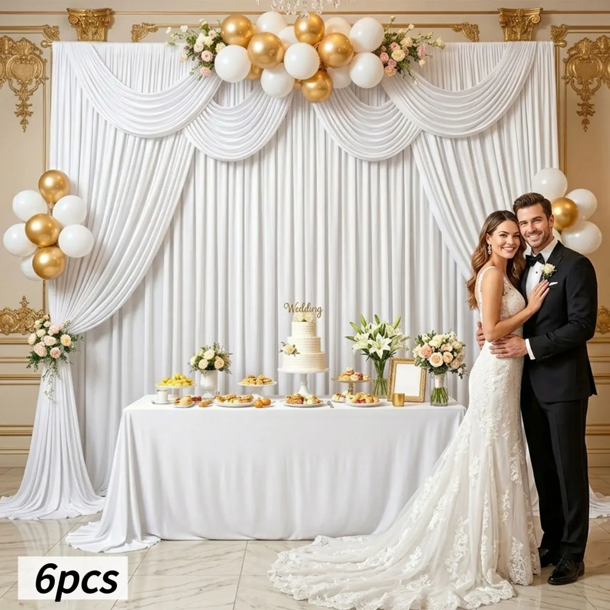 30FTx7FT White Wrinkle-free -6 Panels 5FTx7FT-Wedding Backdrop Curtain -Silky Washable White Polyester Drapes for Baby Showers Birthday Parties Photography Wedding Receptions