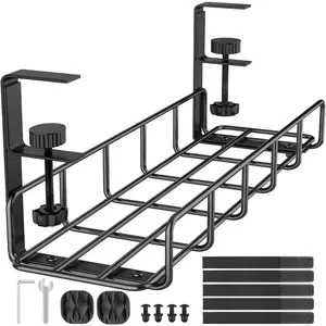 15.7" Under Desk  Management Tray, No Drill Steel  Tray Organizers, Wire Management Tray  Rack with Clamp Mount, Metal Under Desk Tray with Wire and Cord Organizer (Black, 1 Pack)