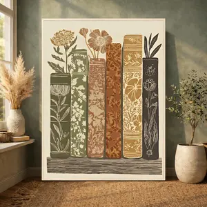 [Sale Up To 50%][No frame, Free Ship] Earth Tone Book Stack Folk Botanical Poster, Vintage Floral Print, Nature-Inspired Decor