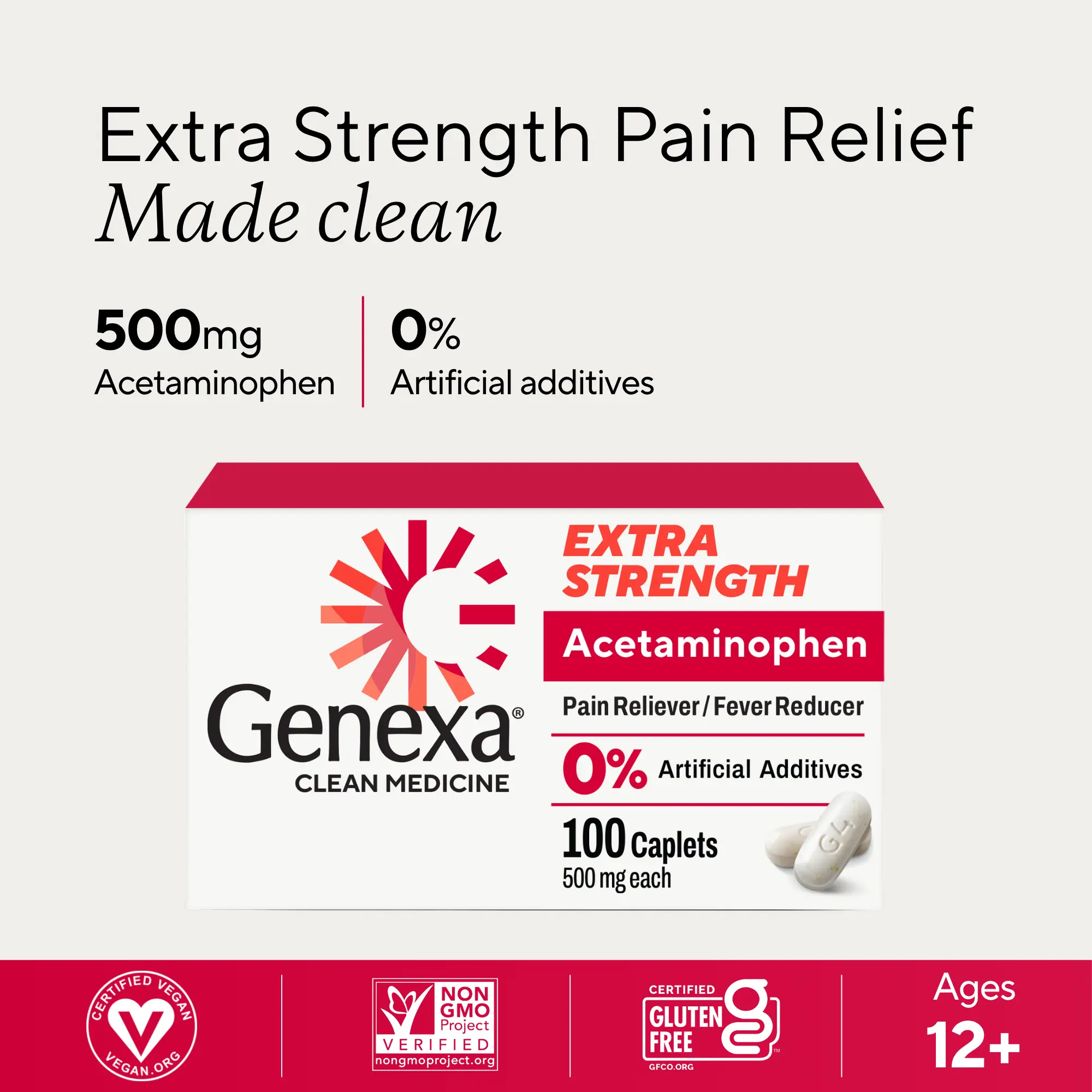 Genexa Acetaminophen 500mg Extra Strength Made Clean, 100 Tablets | Pain & Fever Medicine for Adults | Dye Free, 0% Artificial Additives | Non-GMO, Gluten Free, Vegan | Relieves Headache, Backache, Minor Arthritis Pain