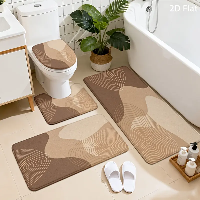 4pcs Bathroom Rugs Set, Abstract Wave Pattern Bath Mats, Soft Flannel Sponge Floor Mats, Absorbent Non-Slip Bathroom Decor with Toilet Lid Cover & U-Shaped Mat,Washable Runner Rug,stair,Halloween