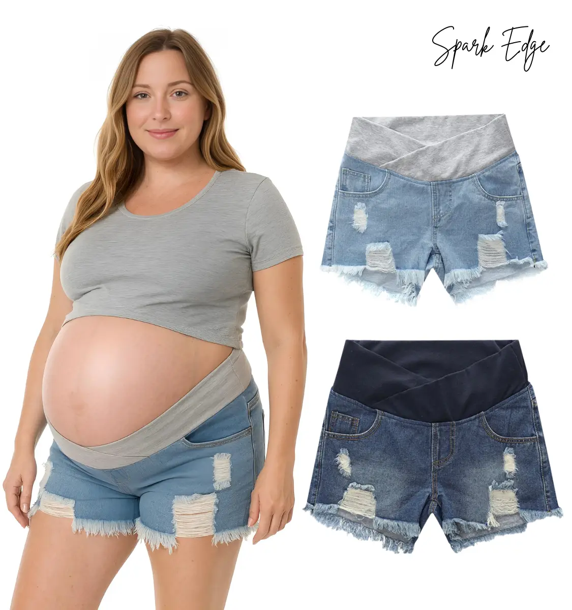Women's Maternity Ripped Jean Shorts – Summer Distressed Denim Shorts, Low Waist, Stretchy, Soft, Comfortable Pregnancy Shorts
