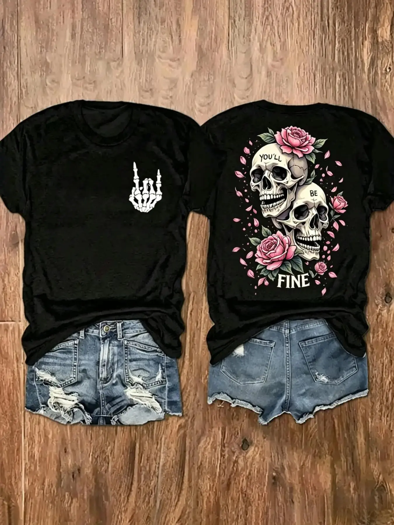 Womens Graphic Tee Rose Skeleton Graphic Print Black Casual Design T Shirt Streetwear Style Crewneck Short Sleeve Soft Cotton Breathable Regular Fit Spring Summer Daily Wear Trendy Gothic Aesthetic Holiday Fashion