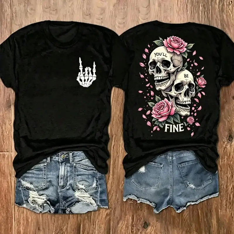 Womens Graphic Tee Rose Skeleton Graphic Print Black Casual Design T Shirt Streetwear Style Crewneck Short Sleeve Soft Cotton Breathable Regular Fit Spring Summer Daily Wear Trendy Gothic Aesthetic Holiday Fashion