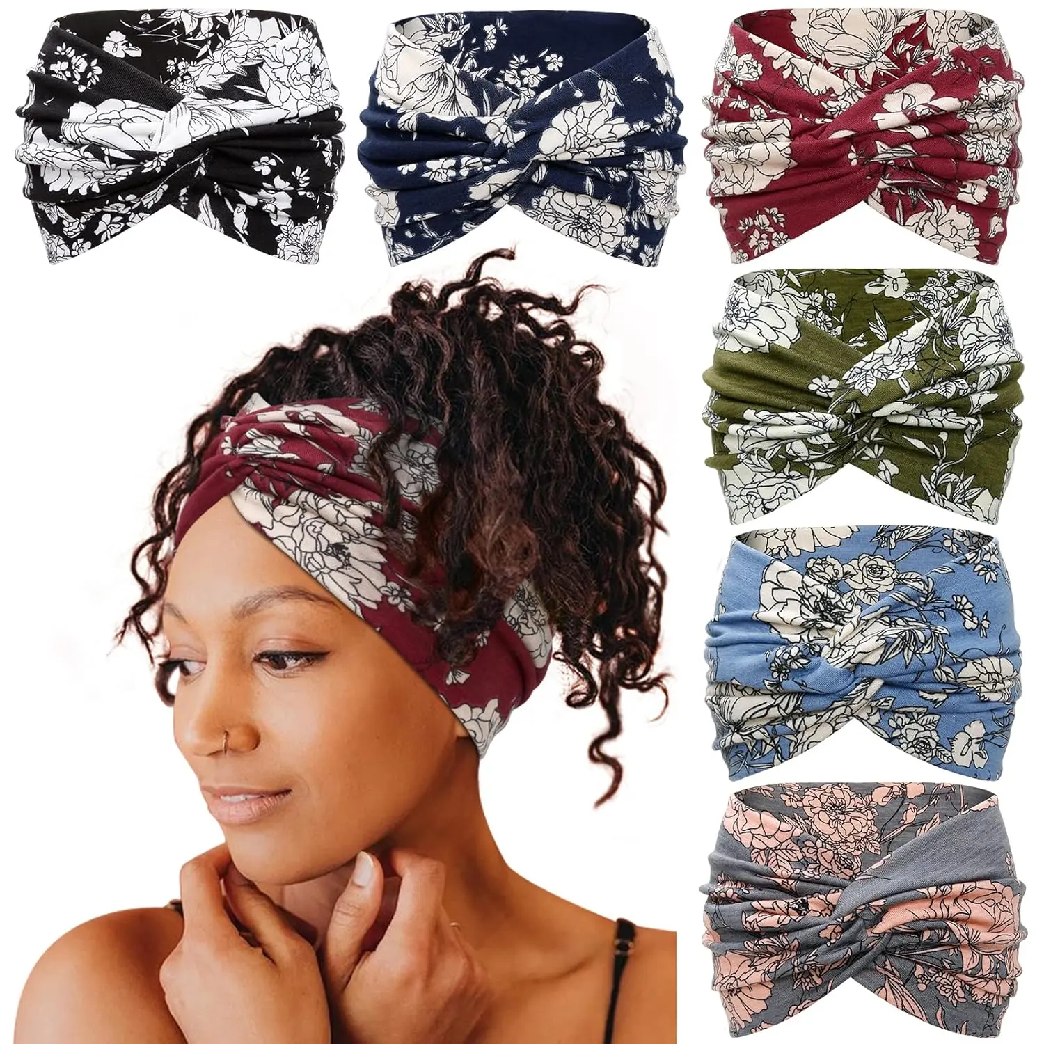 6-Pack Boho Headbands for Women, Soft Fabric Wide Knotted Turban with Floral & Tie-Dye Prints, Non-Slip Hair Accessories for Yoga, Beach & Everyday Wear, Boho Hair, Gym Workout, All Seasons, Floral Hairband, Flower Headband