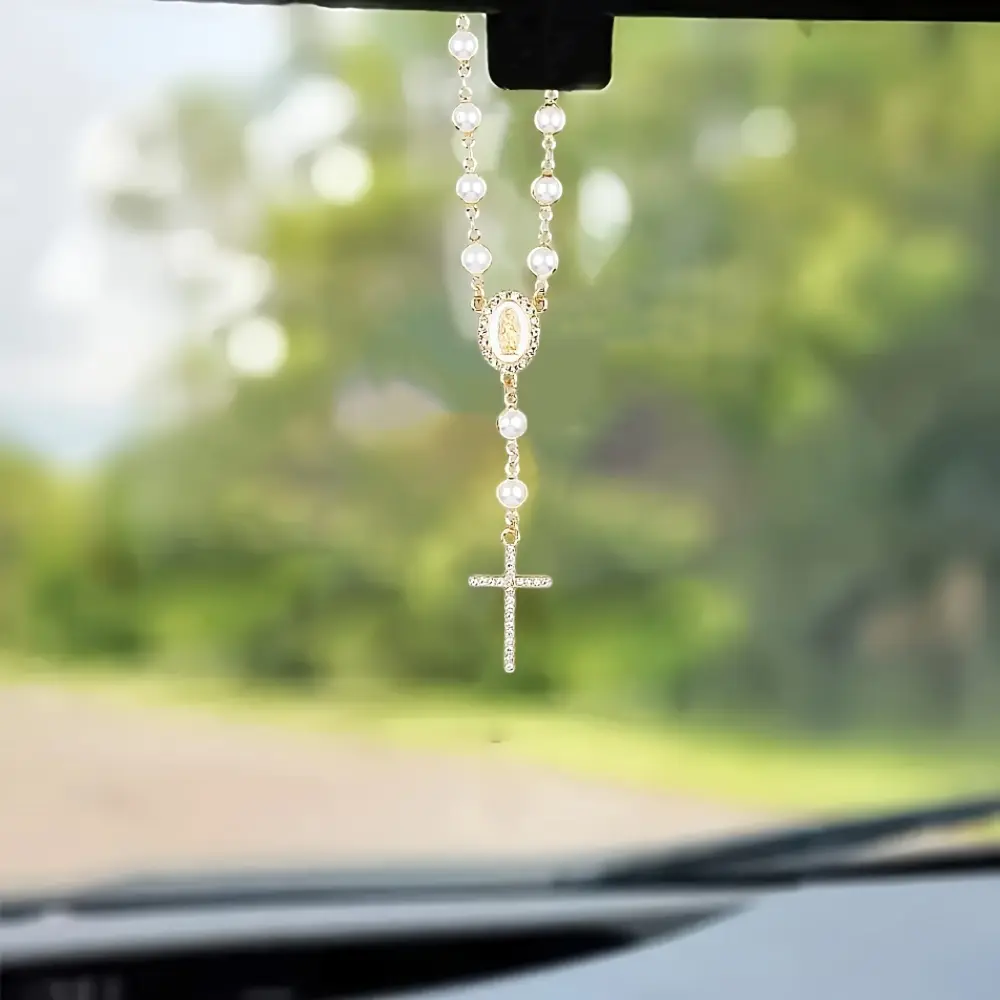1pc Imitation Pearl Virgin Mary Cross Rosary Beads Pendant Rearview Mirror Car Pendant Hanging Accessory, Car Interior Decoration, Automotive Decoration, Automotive Decorative Accessories