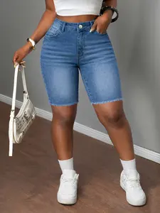 Women's High-Waisted Ripped Denim Jeans, Slim Fit Knee-Length Pants, Casual Button Fly Design, Perfect for Everyday Wear, Womenswear