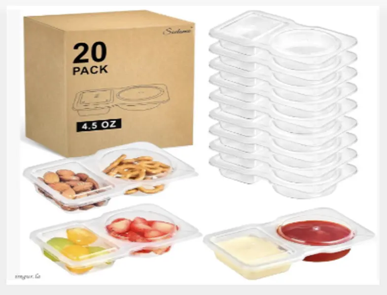 20-Pack Double-Compartment Containers (Condiment/Snack, Disposable with Lids, for Travel/Picnic/Kitchen + Plastic Utensils)