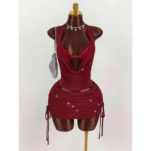 3 Piece Party Outfits Sparkle Draped Halter Top Ruched Tie Side Mini Skirt Going Out Sets