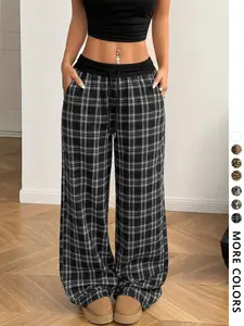 Women's Plaid Print Checkered Wide Leg Sweatpants, Casual Comfy Trousers for Spring & Fall, Women's Bottoms for Daily Wear, Womenswear