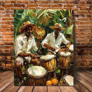 2D Flat Art, Cuban Drummer with Maracas and Tropical Palm Leaves, African-Cuban Decoration White Hat, Indoor/Outdoor Wall Art, Wood Wall Art Suitable for Living Room, Office - Hangable Framed Print 11.75x15.7inch - Perfect Gift for Latin Music Lover