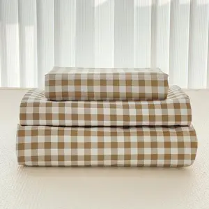 Tan Gingham Twin Sheet Set, Soft Brushed Microfiber Taupe Plaid Twin Bed Sheets, 3-Pieces Brown Sheet Set with Deep Pocket