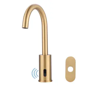 WOWOW Automatic Touchless Bathroom Sink Faucet, Motion Automatic Sensor Bathroom Faucet with Deck Plate, 1 or 3 Holes Motion Sensor Vanity Tap Hands Free Temperature Mixer, Brushed Gold