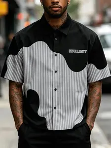 American Street Style Striped Short Sleeve Blouse, Colorblock Patchwork, Slim Fit, Casual Long Shirt for Daily Wear