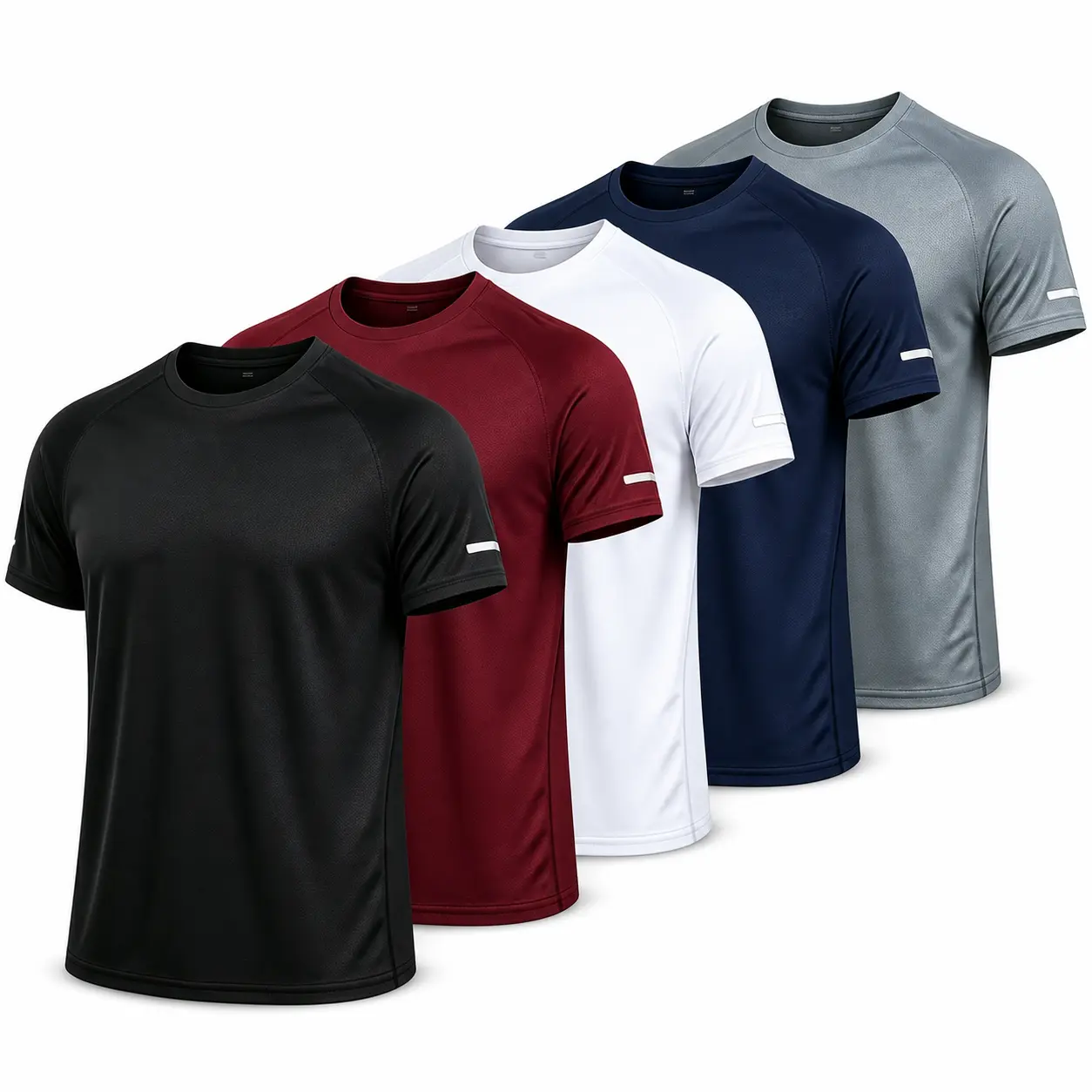Men's 5-Pack Regular-Fit Athletic Quick-Dry Polyester Crew Neck Short-Sleeve Tees, Lightweight Moisture-Wicking Breathable Gym/Running Tops with Reflective Strips, Solid Colors Activewear Sets, Athletic Sets