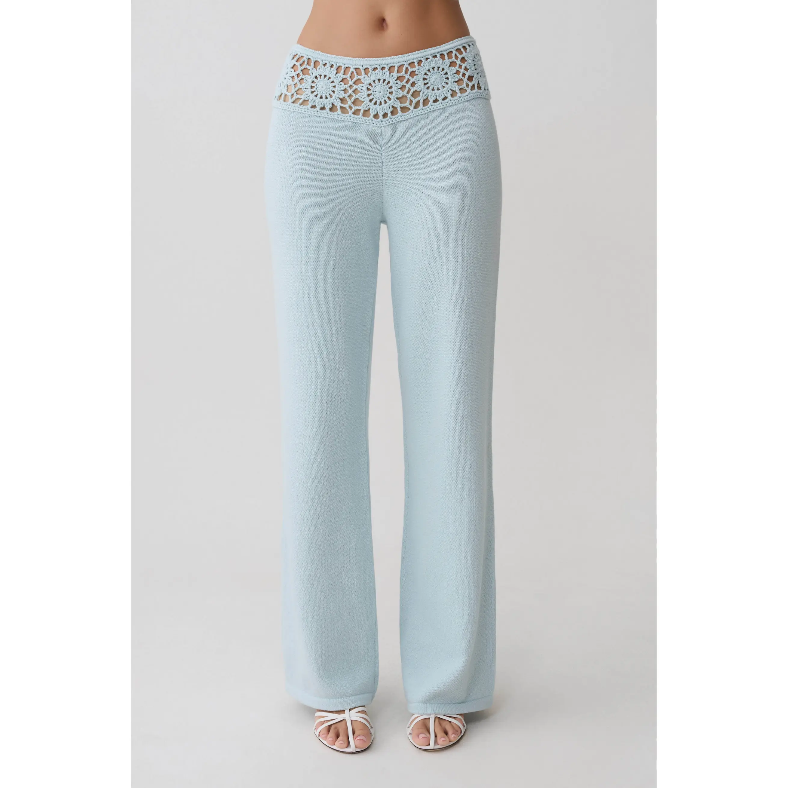 Miley Crochet Waistband Straight Leg Pant - Pale Aqua