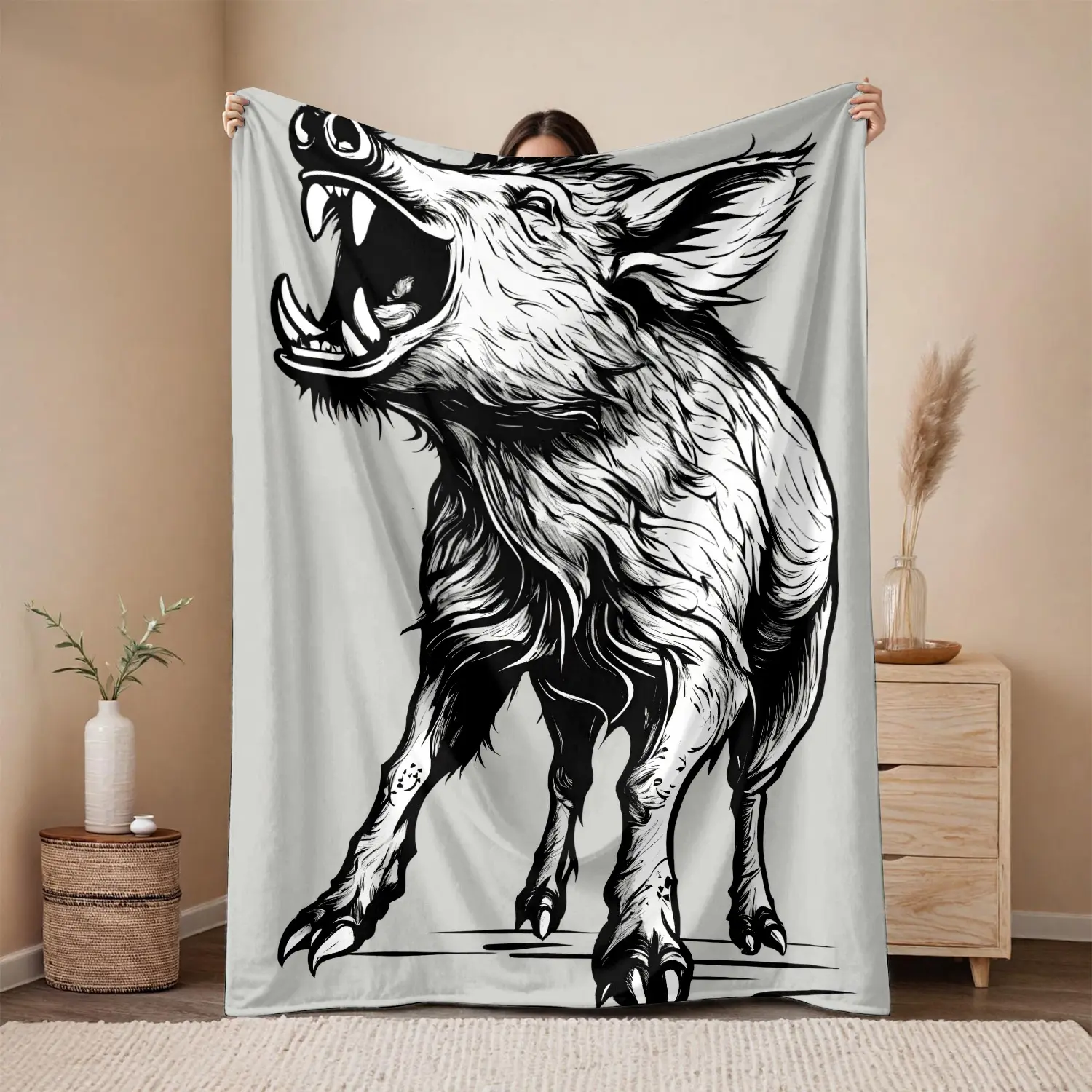 1pc 280gsm Home Howler, Wild Boar, Art Flannel Blanket, Machine Washable, Suitable for Sofa Bed Car Camping Office Home Decor, Multi-purpose Gift Blanket, Suitable for All Seasons