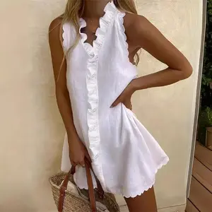 Women Casual Cotton And Linen White Dress Summer V Neck Ruffles Sleeveless Elegant Boho Beach Party Mini Dresses Female Robe D72