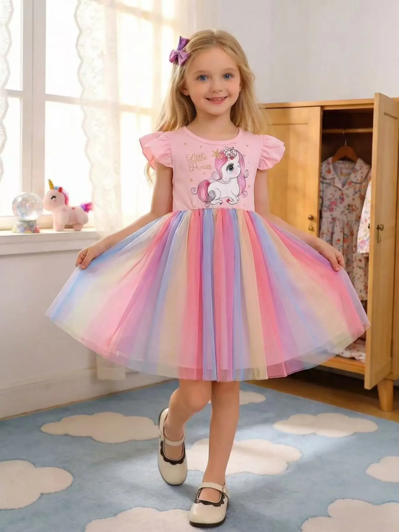 Summer Cute Girls' Dress, Cartoon Unicorn Print Patchwork Colorful Mesh Skirt, Pleated Sleeves Round Neck, Fashion Princess Party Gown, Princess Seraphina Dress, Birthday Dress, Girlly Summer Clothes, Little Girl Dress