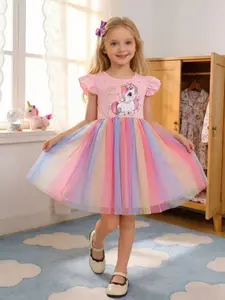Summer Cute Girls' Dress, Cartoon Unicorn Print Patchwork Colorful Mesh Skirt, Pleated Sleeves Round Neck, Fashion Princess Party Gown, Princess Seraphina Dress, Girlly Summer Clothes