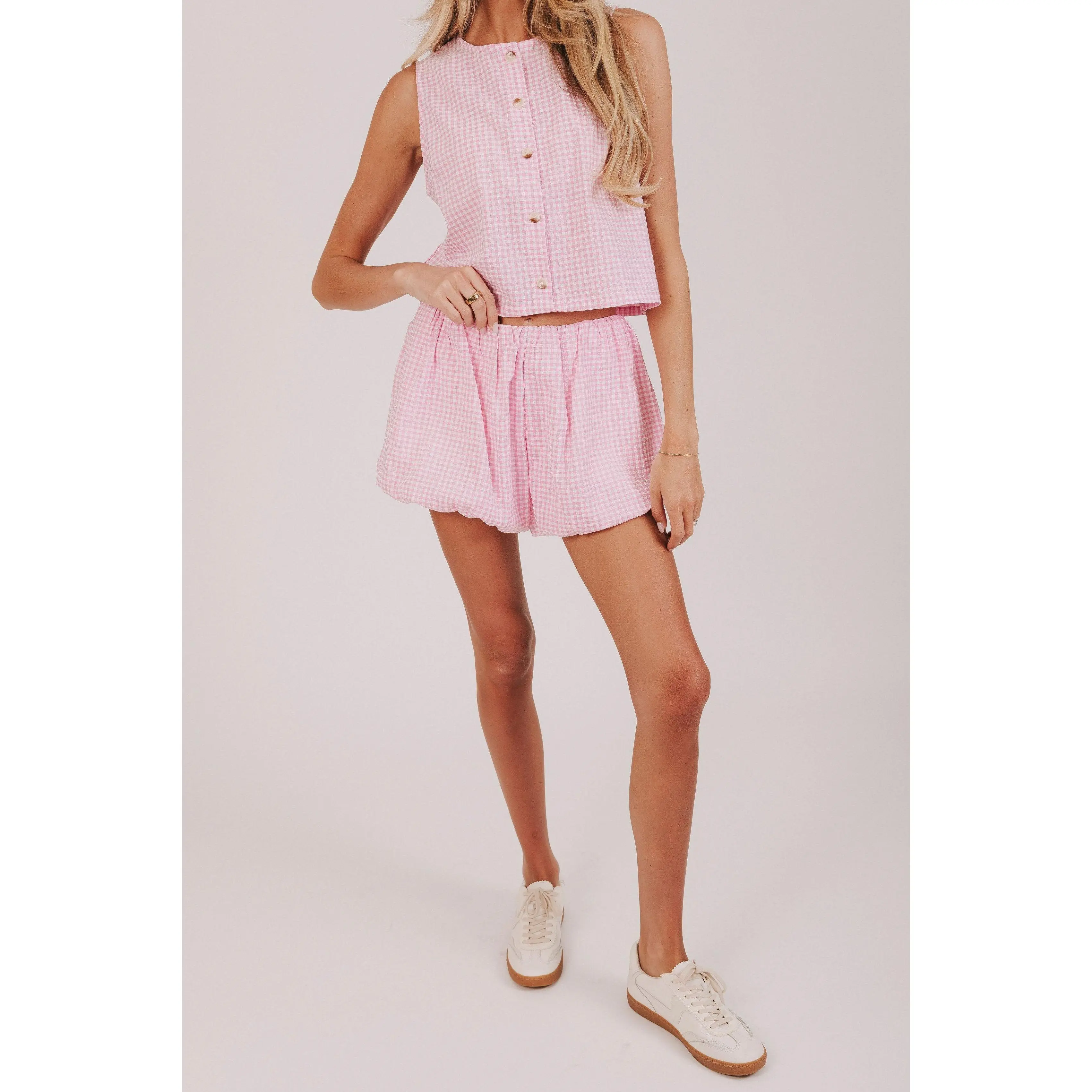 Women's High-Waisted Gingham Shorts, Elastic Waist, Pockets Design, 2-Color Options Women's Bottoms