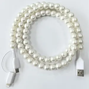 Creative New One-to-Two Pearl Data Cable Handmade Beaded Two-in-One Charging Cable Acrylic Colorful Beads Phone Cable Purely Handmade Craft