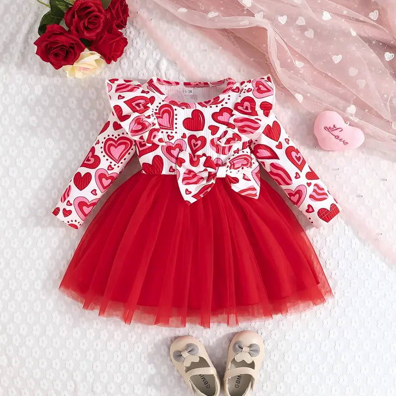 Ready Stock Girl's Red Tulle Dress with Heart Print Top, Ruffle Details & Bow Accent,6m-3y Baby's Sweet Valentine Dress XHK43669AY