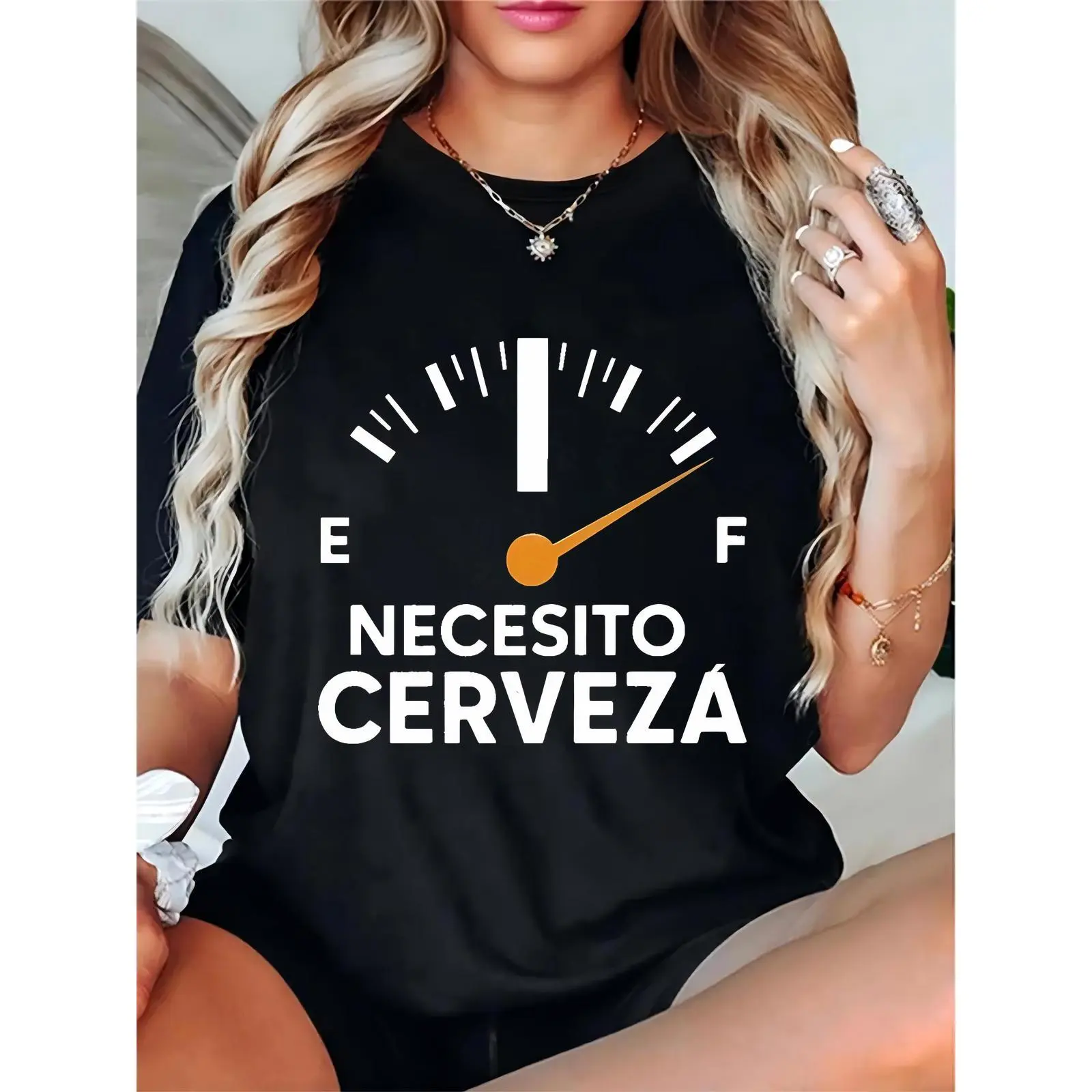 Women’s Black T-Shirt with Fuel Gauge & “Necesito Cerveza” (I Need Beer) Graphic – Perfect for Casual Outings, Parties, or Beer-Themed Celebrations