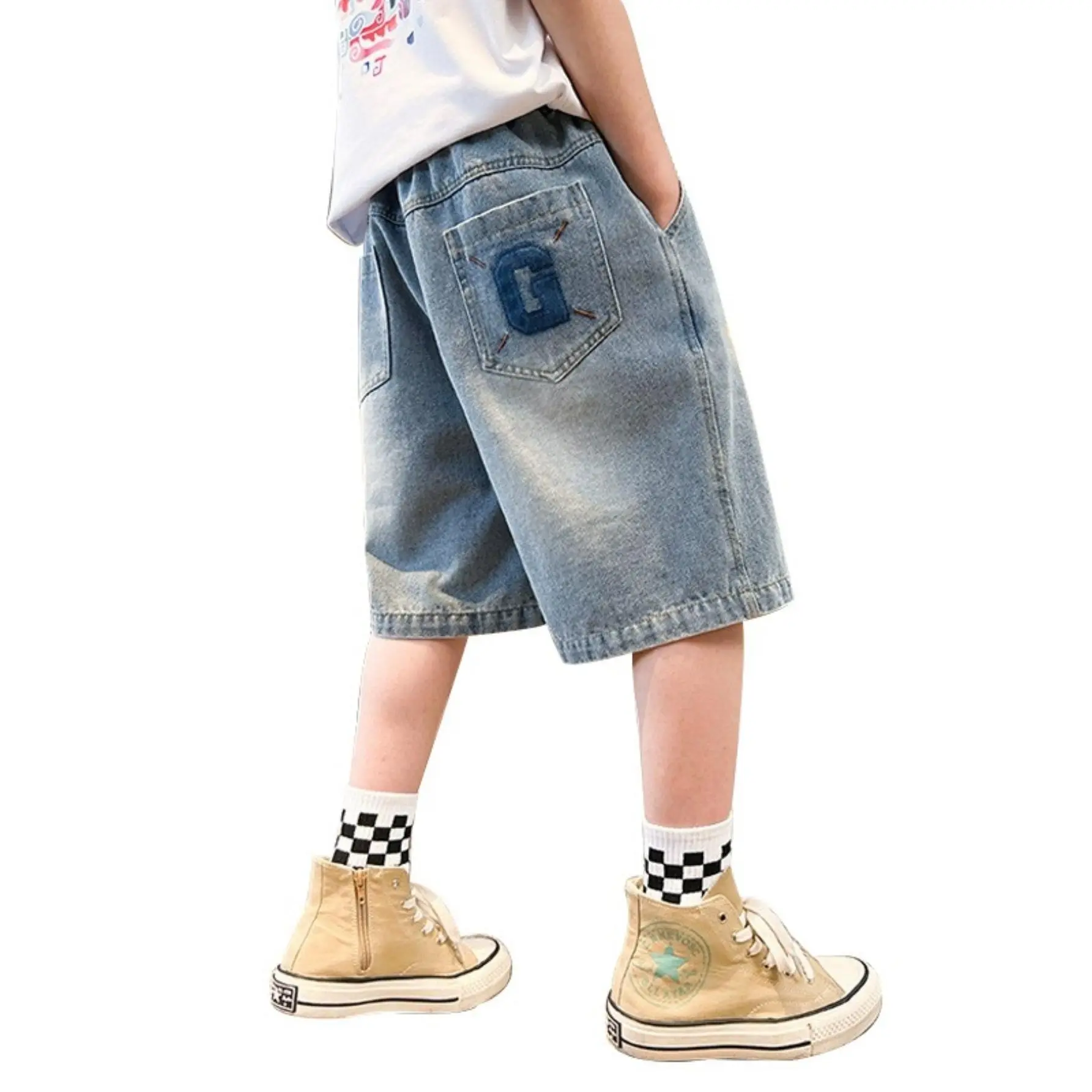 Boys Light Washed Denim Bermuda Shorts, Contrast Patch Back Pocket Elastic Waist Loose Wide Leg Vintage Kids Summer Jean Bottoms # summer cute clothes # casual short pant # fashion jean # cotton athletic short # summer jean # Boys Extra Baggy Jean