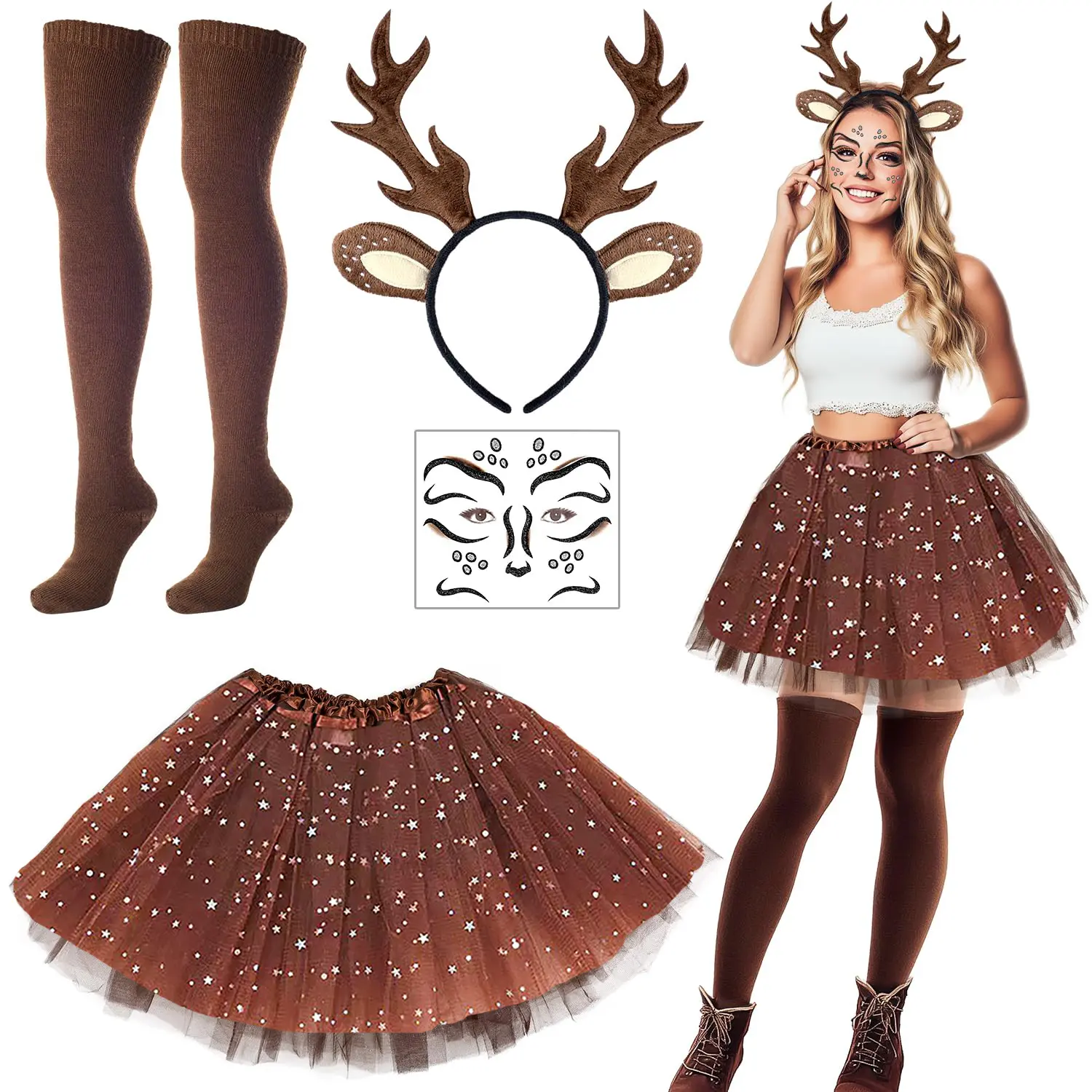 Cute Reindeer Cosplay Costume for Women, 2-Piece Knit Fabric Clothes Set with Antler Headband and Sparkling Details for Christmas