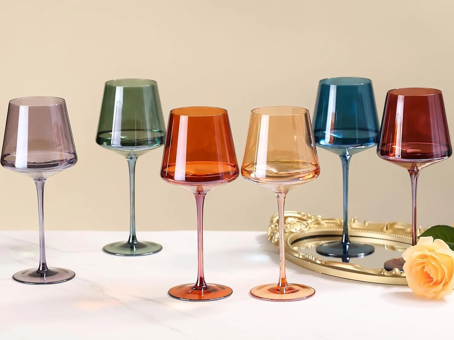 16oz Sturdy Hand Blown Crystal Vibrant Colored Tall Stemmed Smooth-Walled Chilled Wine Glasses Set of 6 - Kitchen Drinkware, Ideal for Wine Lovers, Women's Anniversary Gifts, Vibrant Glass Cups, Colored Glass Glasses