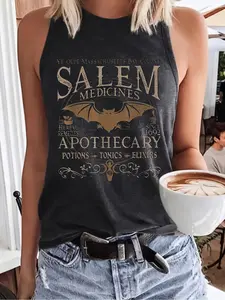 Summer Essential Salem Vintage Bat Tank Top, High Waist Jeans & Skirt Pairing, Sleeveless Slim Fit Design, Perfect for Casual, Womenswear