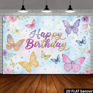 2D Flat Fantasy Butterfly Style Background Decoration Cloth with Colorful Butterflies and Golden Glitter Birthday Lettering, Paired with Soft-toned Floral Decorations. Sweet Party Style, Made of, No