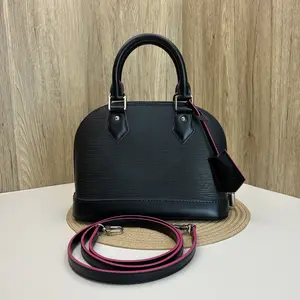 Pre-owned Louis Vuitton Alma BB Black Epi Seashell Bag with Water Ripple Texture and Rose Red Edges 866