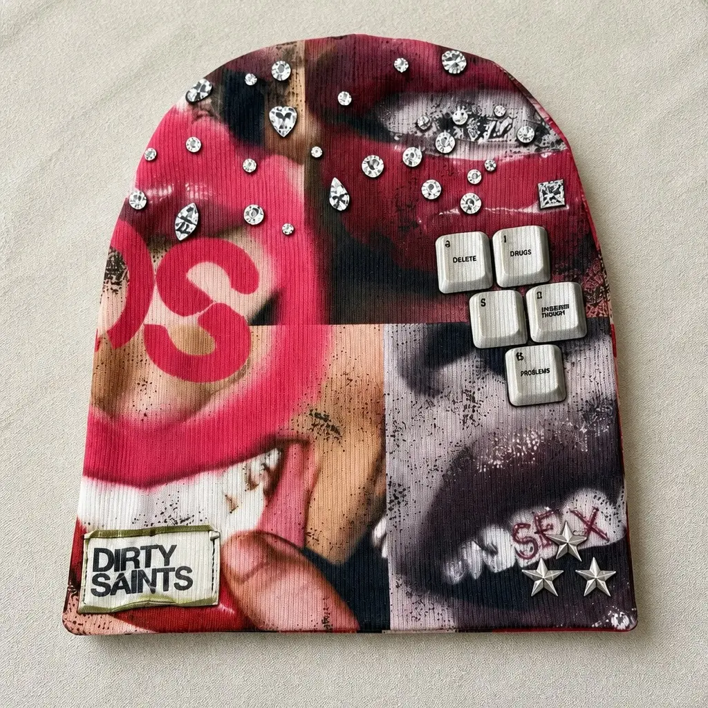 Y2K Retro Printed Knit Beanie Hat, Vintage Graphic Loose Slouchy Skull Cap, Soft Stretch Warm Winter Headwear for Daily Street Fashion