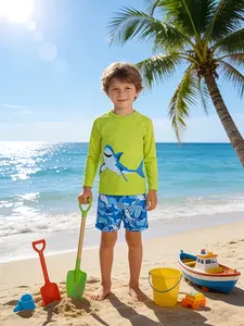 Boys' Shark Pattern Sun Protection Swimsuit Set, Long Sleeve Swimwear, Slim-Fitting Shorts, Casual Beach Wear, All over Print, Swimwear Outfit
